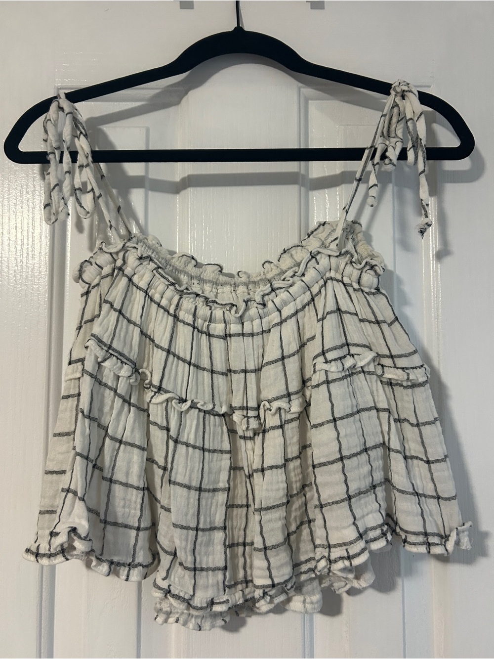 Windowpane Ruffle Top - White/Black - Picture 2 of 4
